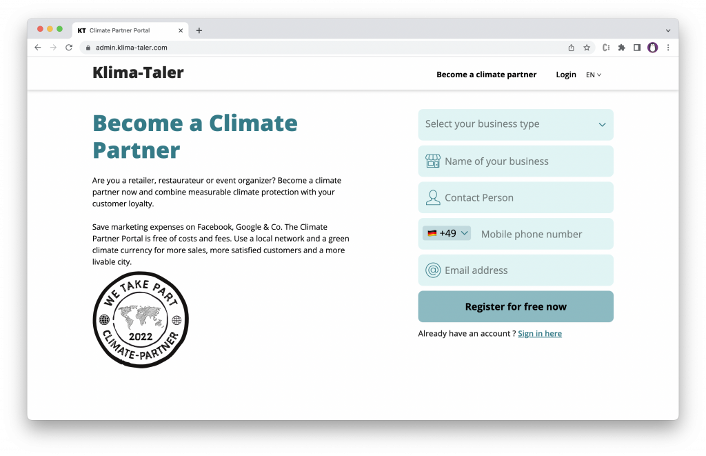 Register a climate partner account for free now 