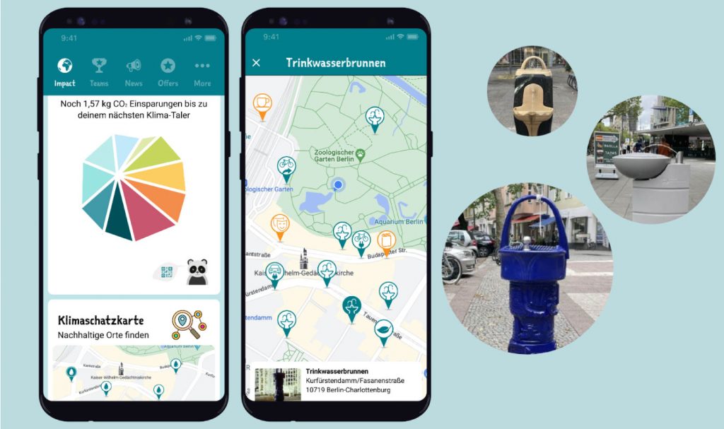 Klima-Taler App mit Ansicht der  Klimaschatzkarte und den Trinkbrunnen